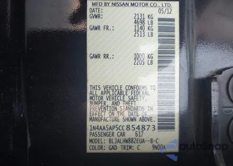 2012 Nissan Maxima 3.5 Sv from USA, damaged, VIN 1N4AA5AP5CC854873